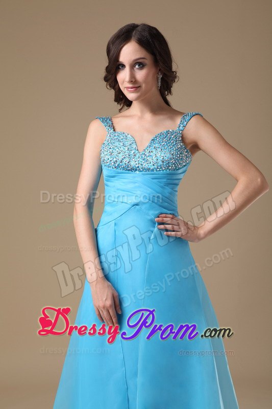 Aqua Blue Column Straps Organza Prom Dress with Beading and Ruching