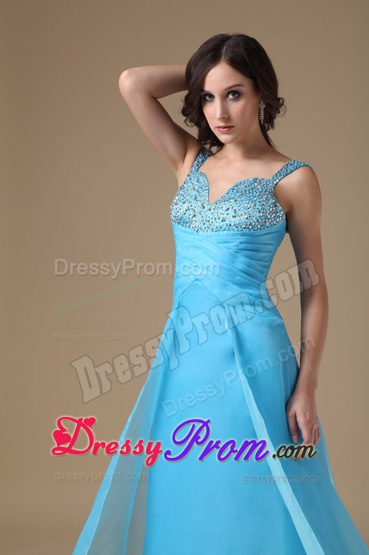 Aqua Blue Column Straps Organza Prom Dress with Beading and Ruching