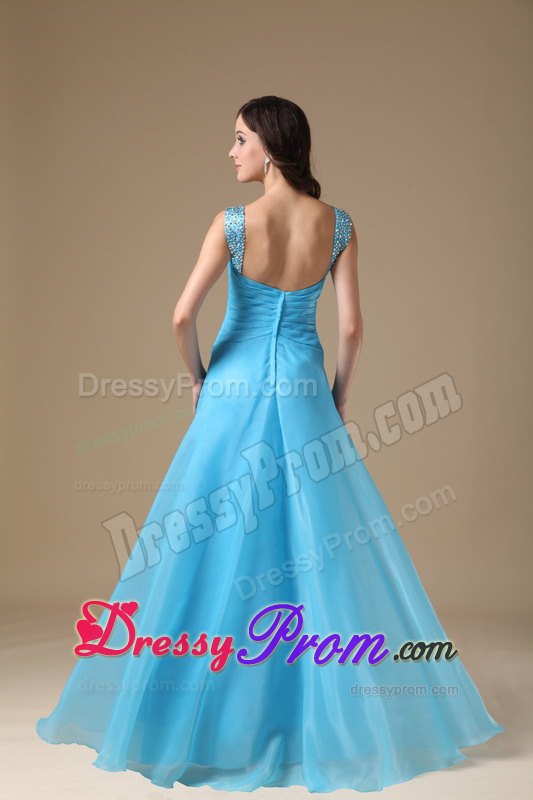 Aqua Blue Column Straps Organza Prom Dress with Beading and Ruching