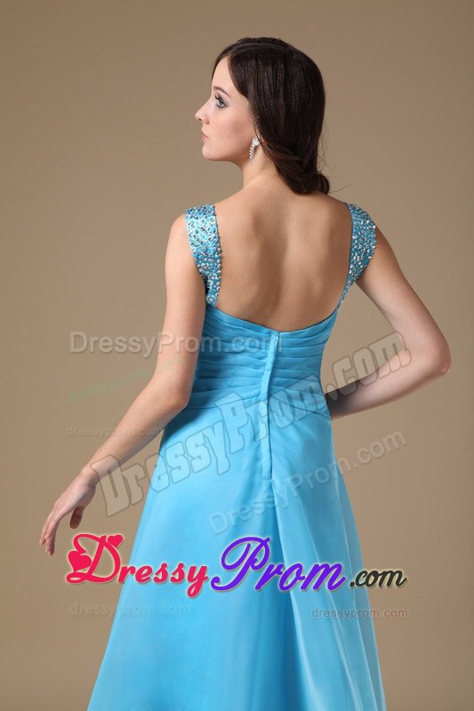 Aqua Blue Column Straps Organza Prom Dress with Beading and Ruching