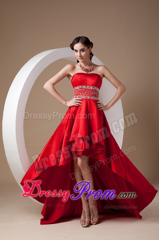High-low Strapless Beading Red Lace Up Back Prom Nightclub Dresses