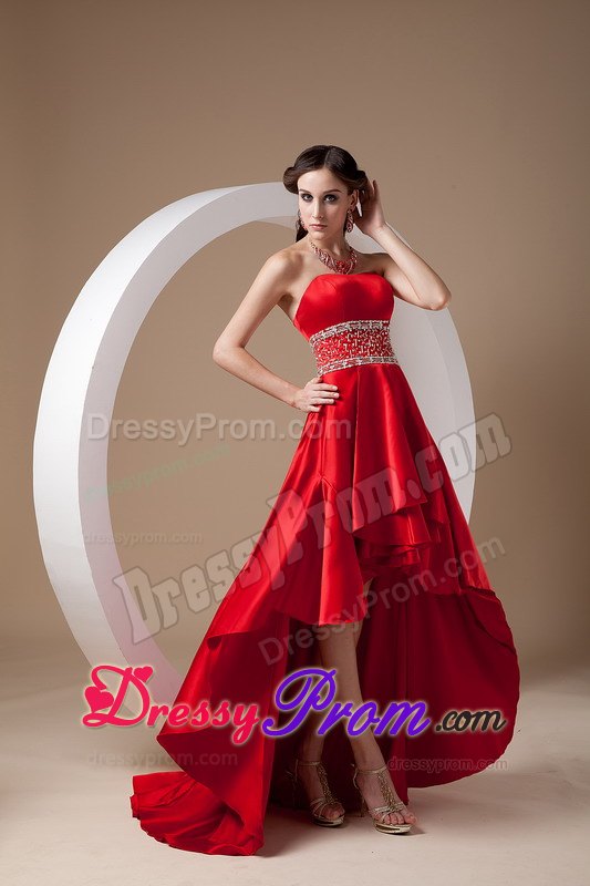 High-low Strapless Beading Red Lace Up Back Prom Nightclub Dresses
