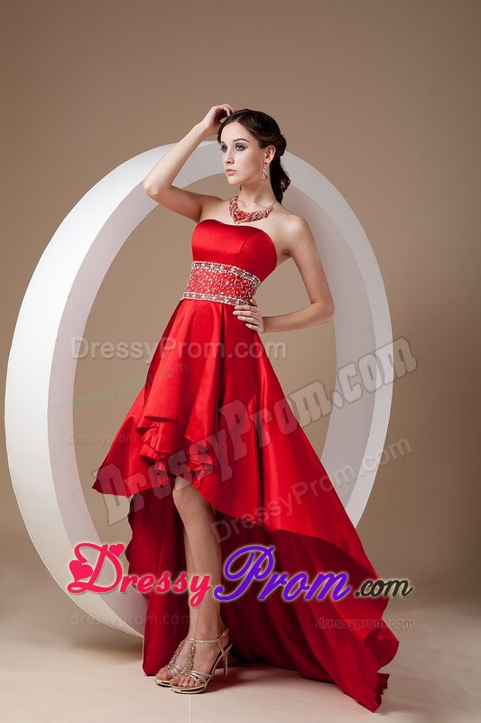 High-low Strapless Beading Red Lace Up Back Prom Nightclub Dresses