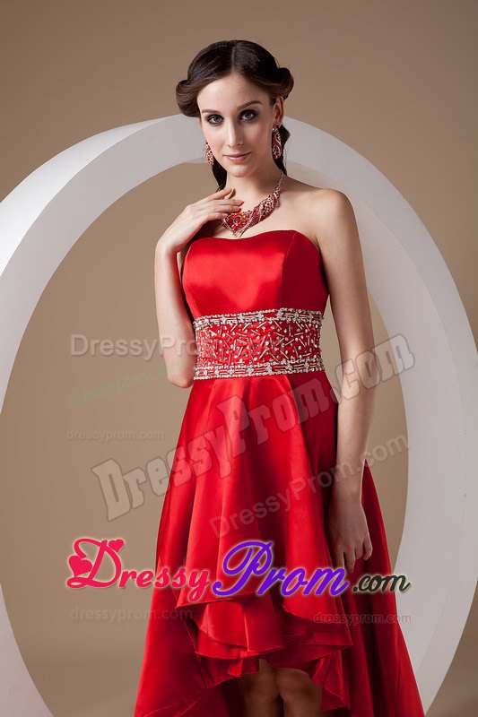 High-low Strapless Beading Red Lace Up Back Prom Nightclub Dresses
