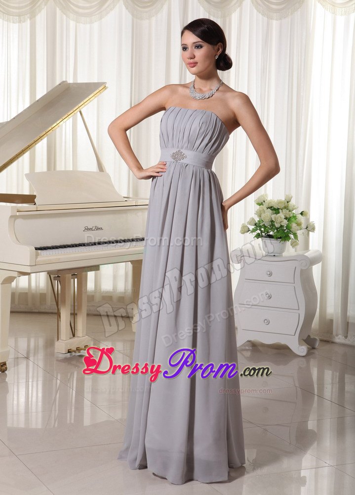 Simple Grey Empire Strapless Prom Dress With Ruching and Beading