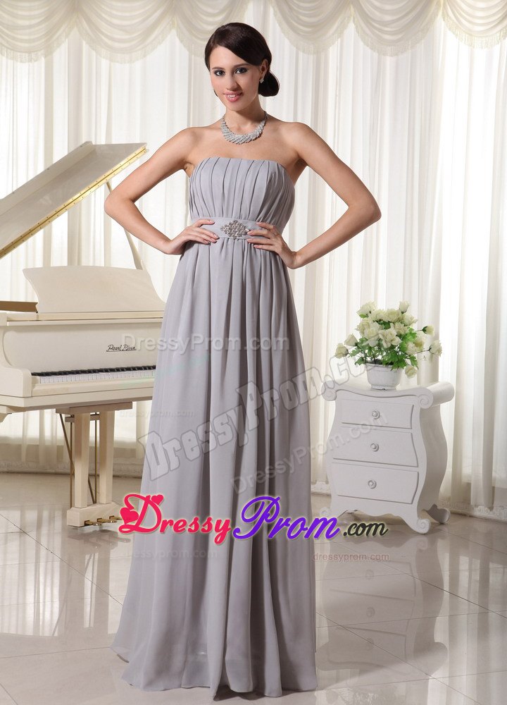 Simple Grey Empire Strapless Prom Dress With Ruching and Beading