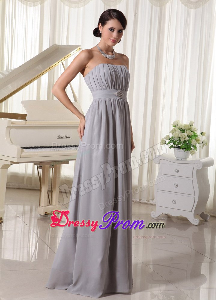 Simple Grey Empire Strapless Prom Dress With Ruching and Beading