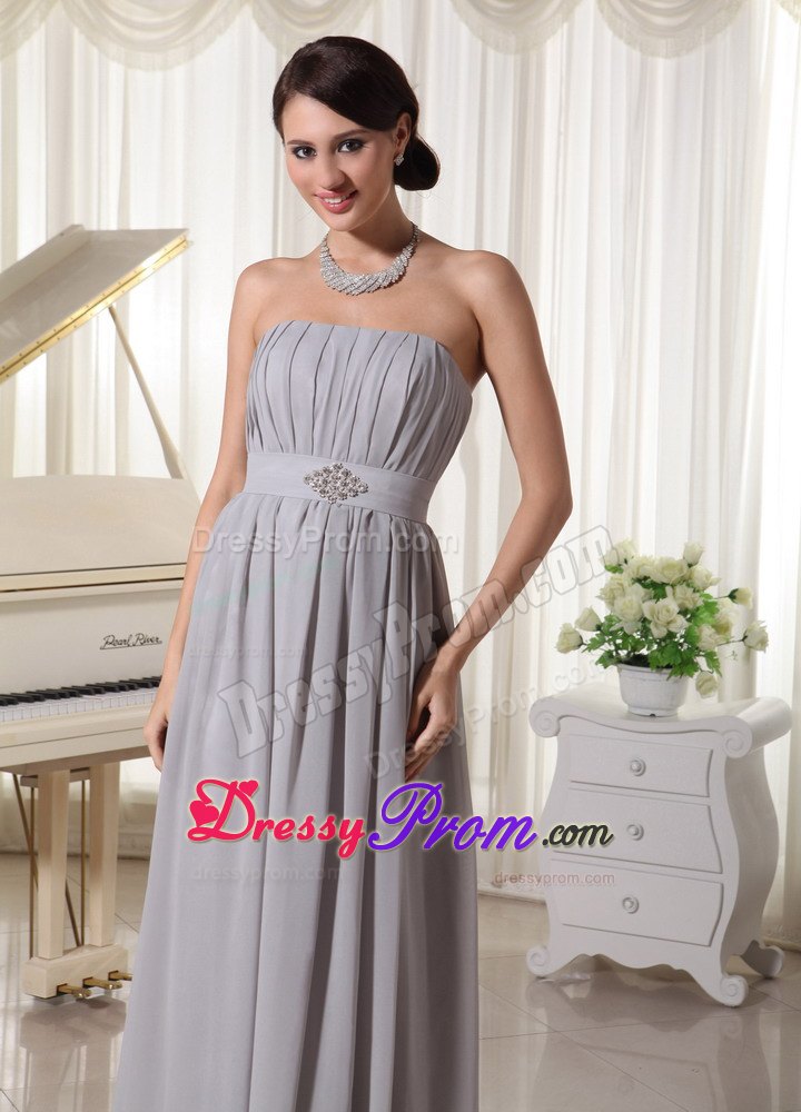 Simple Grey Empire Strapless Prom Dress With Ruching and Beading