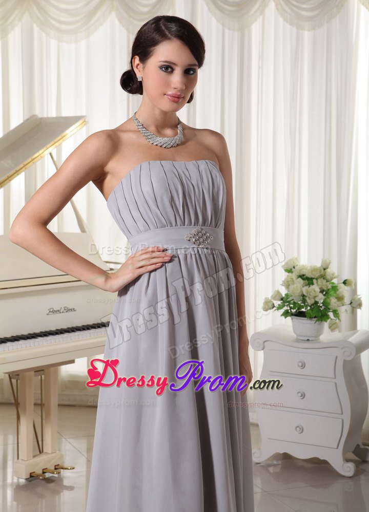 Simple Grey Empire Strapless Prom Dress With Ruching and Beading