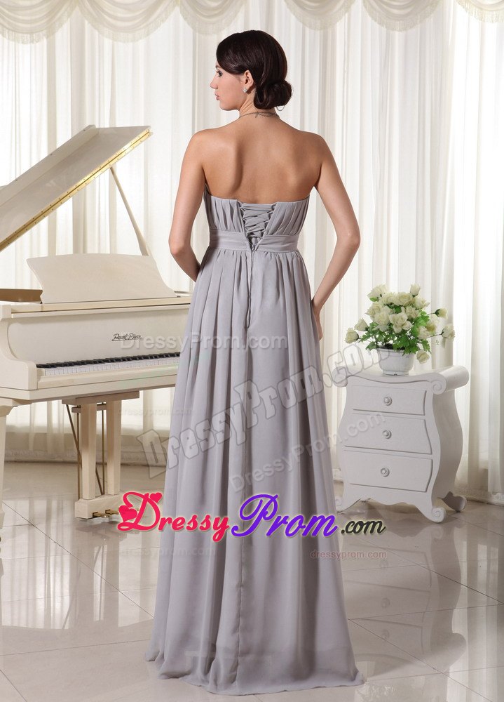 Simple Grey Empire Strapless Prom Dress With Ruching and Beading
