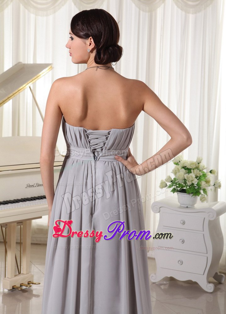 Simple Grey Empire Strapless Prom Dress With Ruching and Beading
