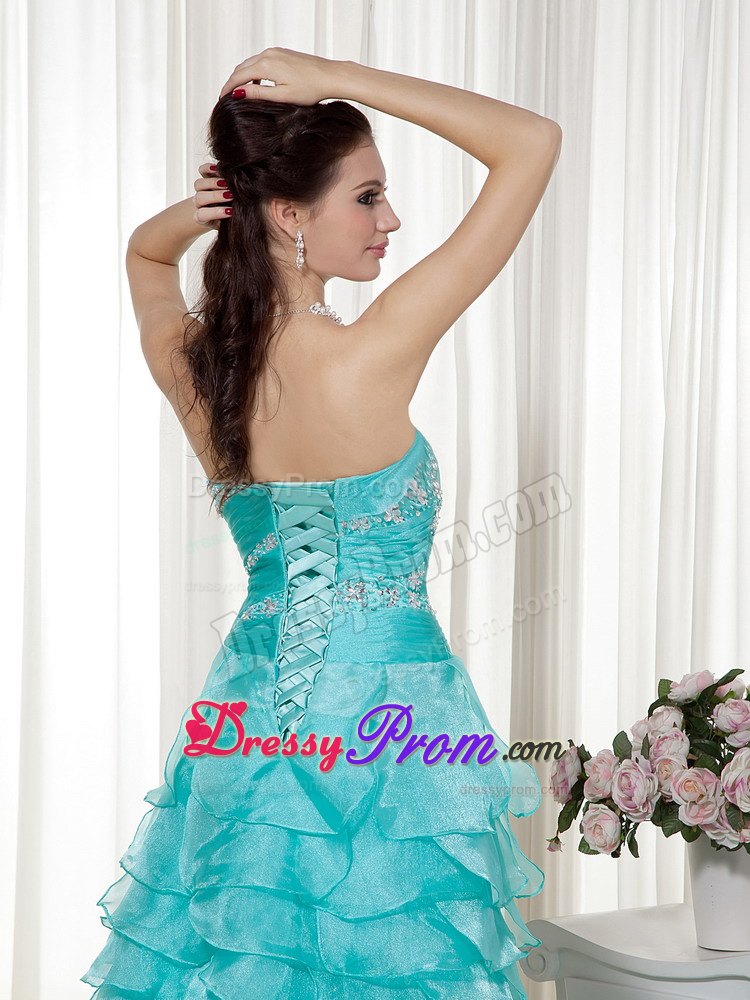 A-line Sweetheart Brush Train Turquoise Organza Beading Prom Dress