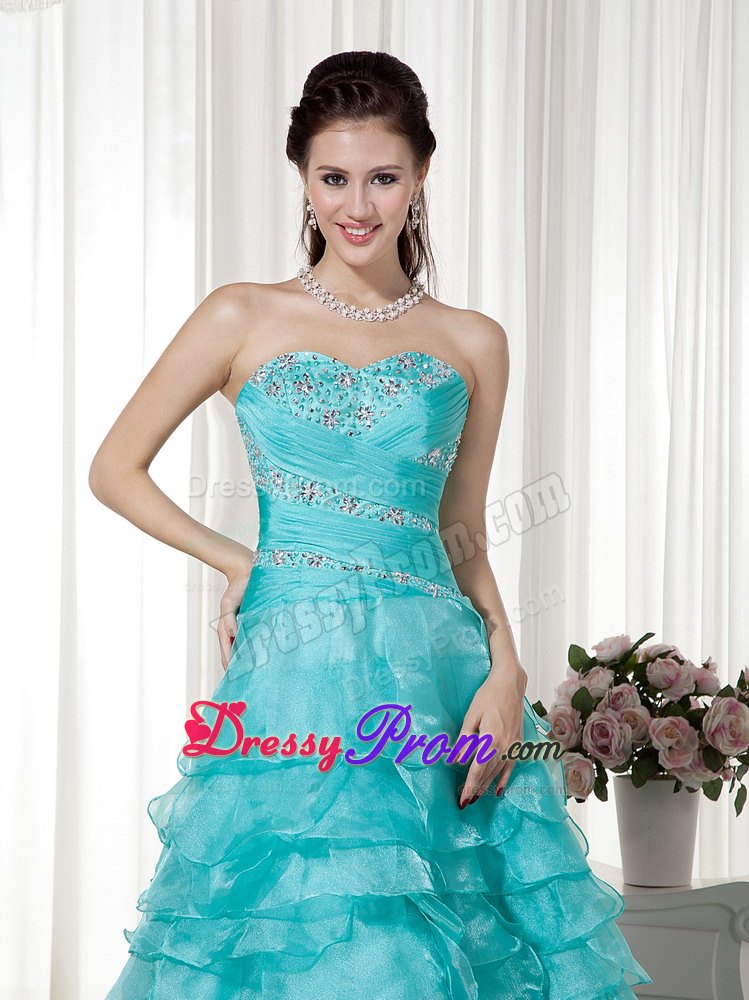 A-line Sweetheart Brush Train Turquoise Organza Beading Prom Dress