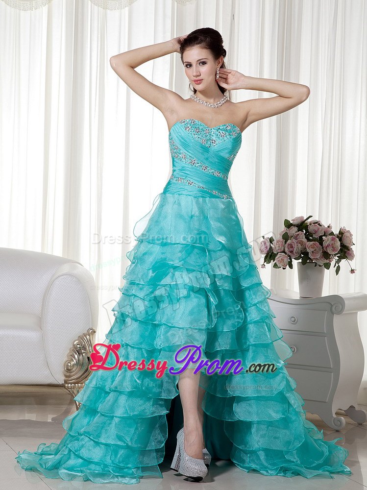 A-line Sweetheart Brush Train Turquoise Organza Beading Prom Dress