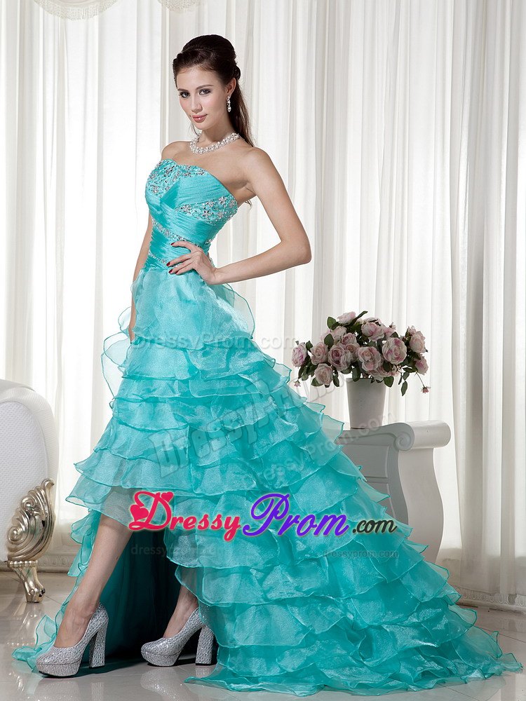A-line Sweetheart Brush Train Turquoise Organza Beading Prom Dress