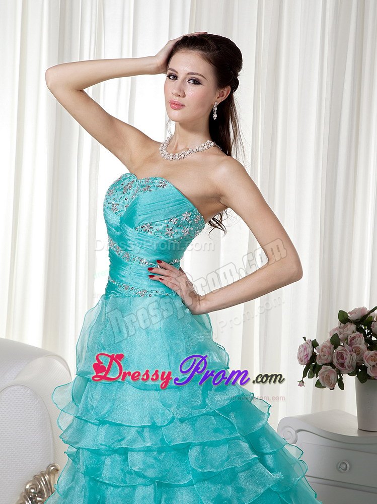 A-line Sweetheart Brush Train Turquoise Organza Beading Prom Dress