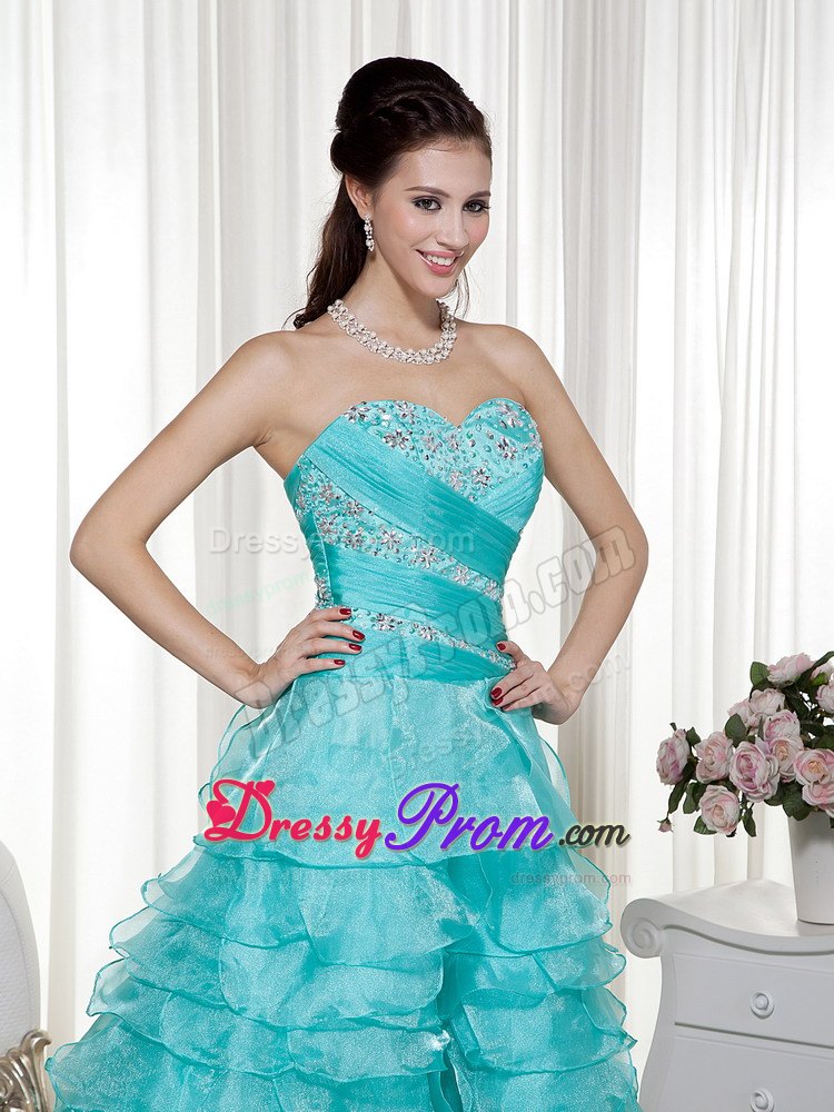 A-line Sweetheart Brush Train Turquoise Organza Beading Prom Dress