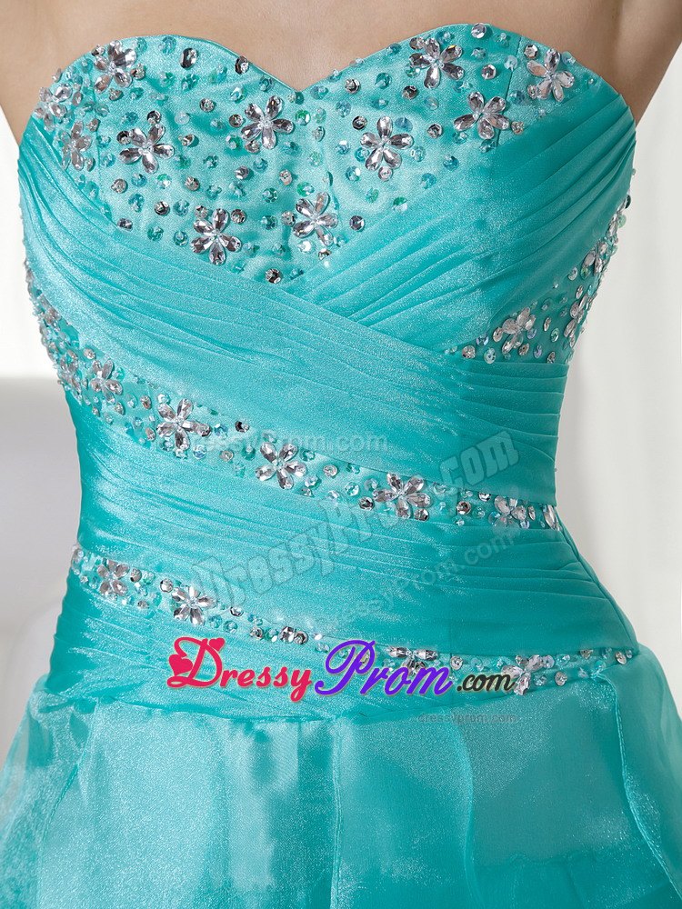 A-line Sweetheart Brush Train Turquoise Organza Beading Prom Dress