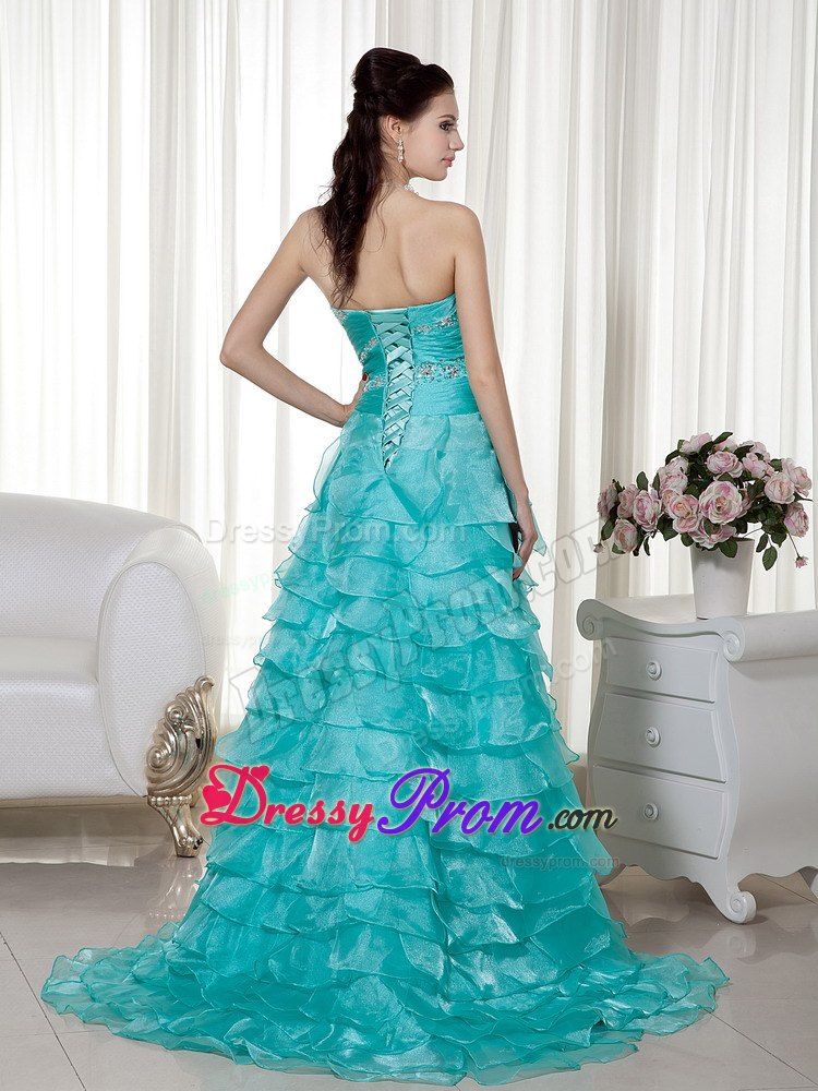 A-line Sweetheart Brush Train Turquoise Organza Beading Prom Dress
