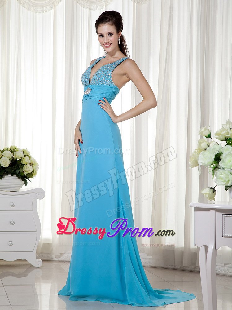 Column V-neck Chiffon Beading Baby Blue Prom Dress Brush Train