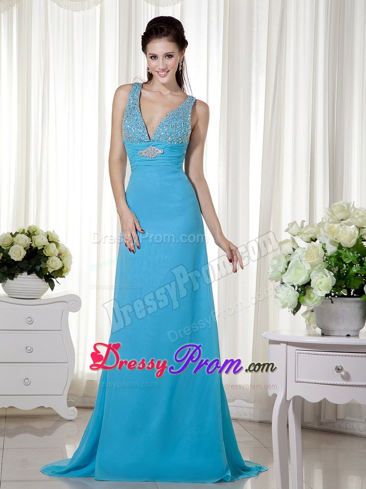 Column V-neck Chiffon Beading Baby Blue Prom Dress Brush Train