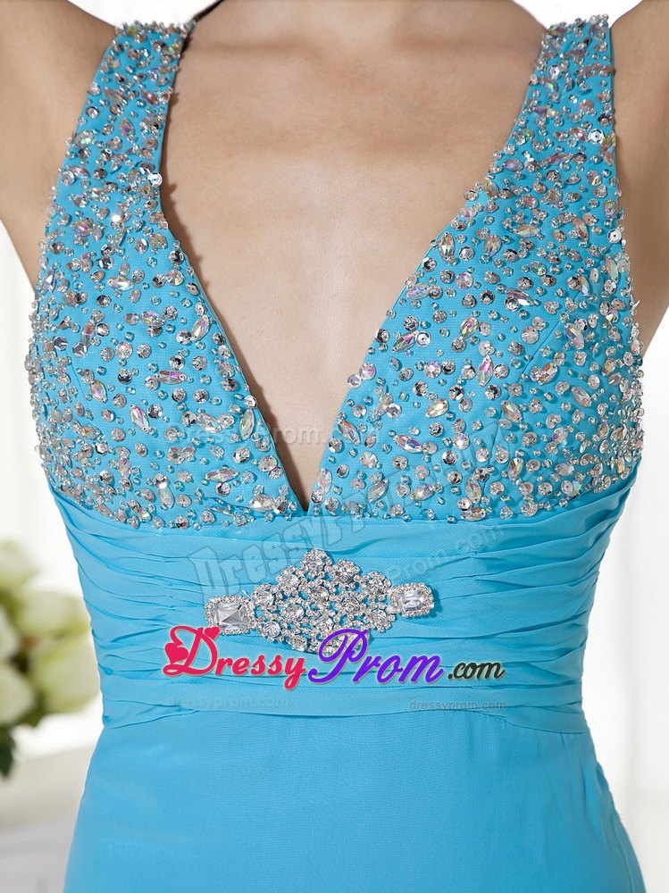 Column V-neck Chiffon Beading Baby Blue Prom Dress Brush Train