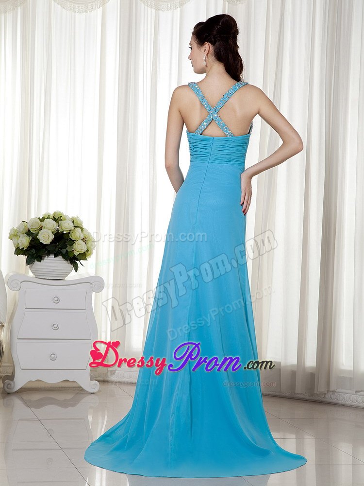 Column V-neck Chiffon Beading Baby Blue Prom Dress Brush Train