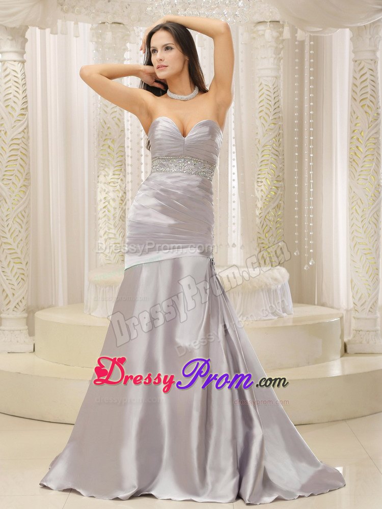 A-line Sweetheart Ruched and Beaded Waist Silver 2013 Prom Dress