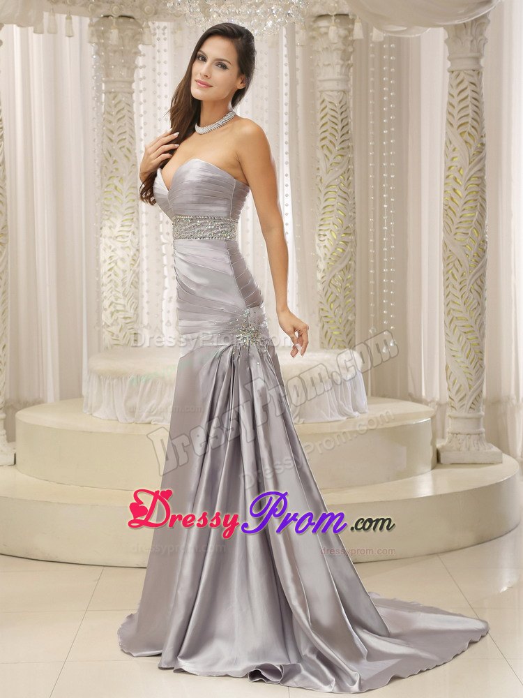 A-line Sweetheart Ruched and Beaded Waist Silver 2013 Prom Dress