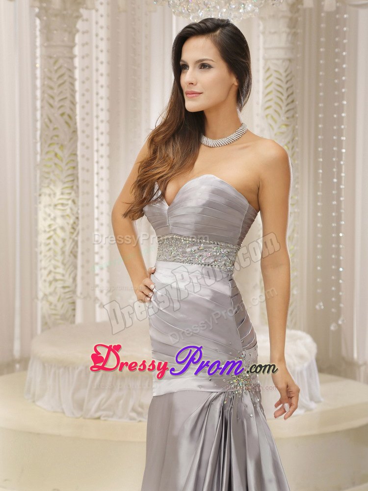 A-line Sweetheart Ruched and Beaded Waist Silver 2013 Prom Dress