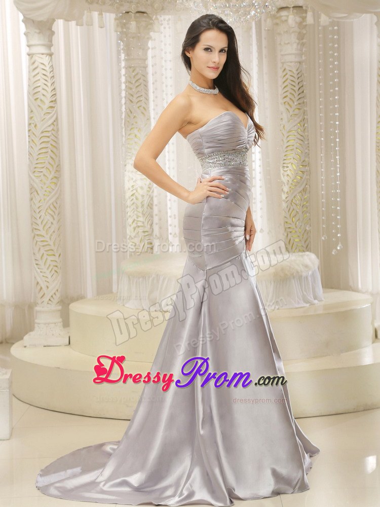 A-line Sweetheart Ruched and Beaded Waist Silver 2013 Prom Dress