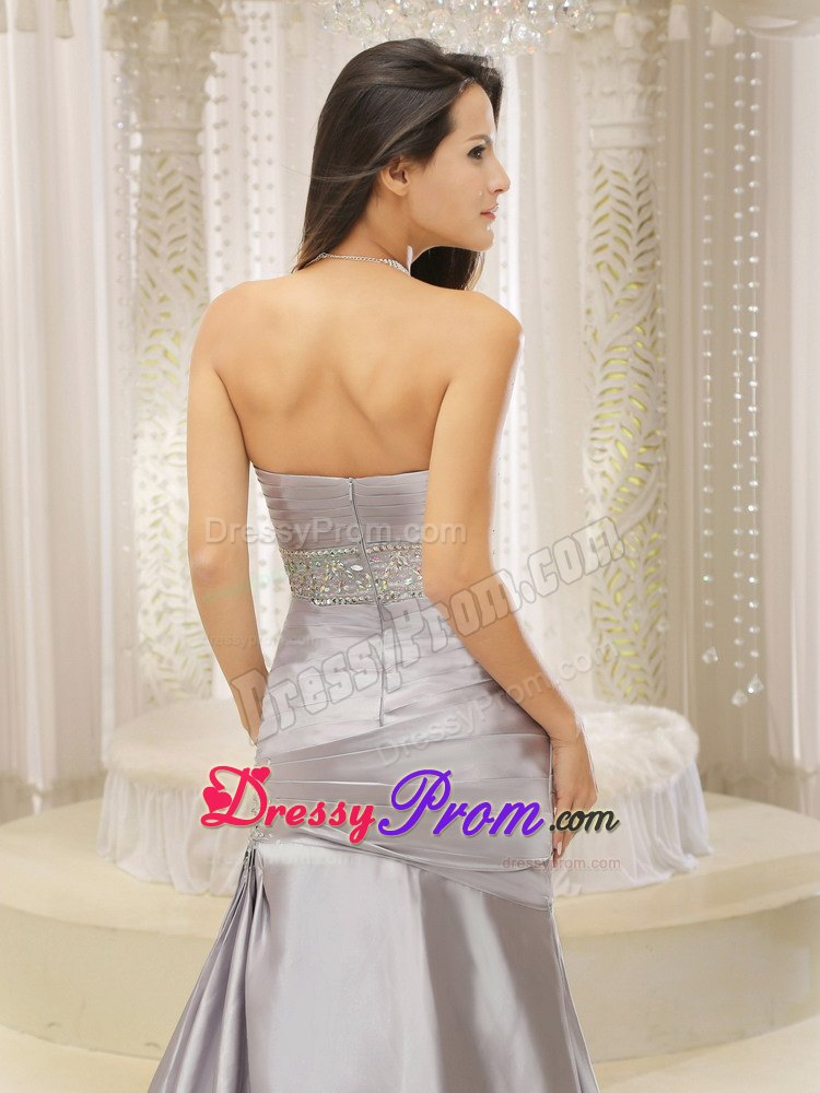 A-line Sweetheart Ruched and Beaded Waist Silver 2013 Prom Dress