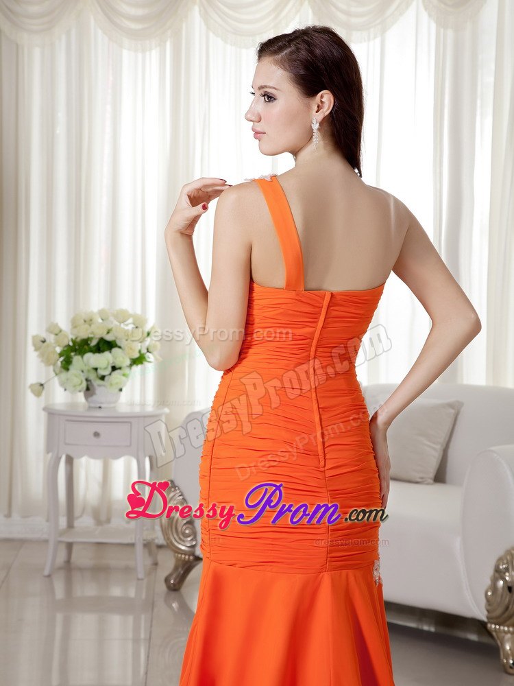 One Shoulder Orange Mermaid Chiffon Appliques and Ruche Prom Dress
