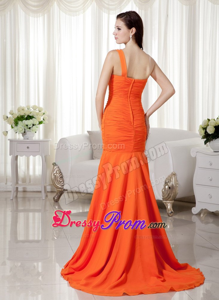 One Shoulder Orange Mermaid Chiffon Appliques and Ruche Prom Dress