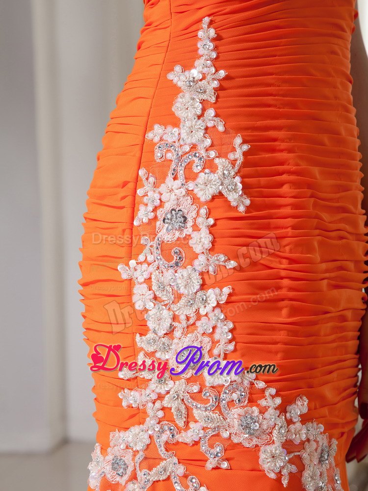 One Shoulder Orange Mermaid Chiffon Appliques and Ruche Prom Dress