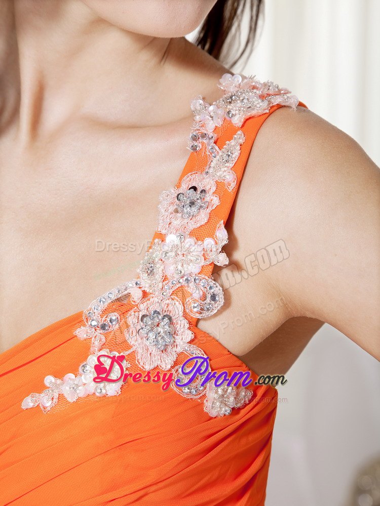 One Shoulder Orange Mermaid Chiffon Appliques and Ruche Prom Dress
