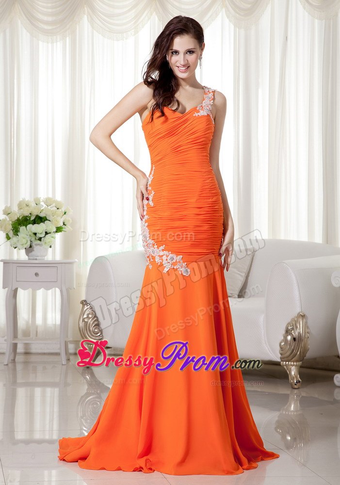 One Shoulder Orange Mermaid Chiffon Appliques and Ruche Prom Dress