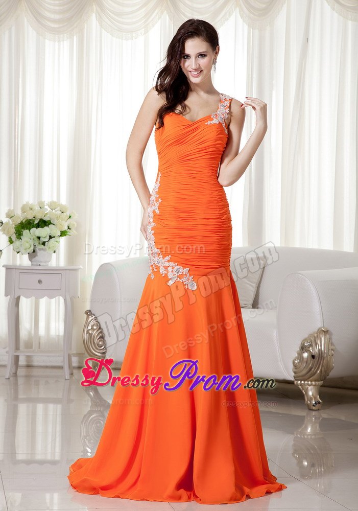 One Shoulder Orange Mermaid Chiffon Appliques and Ruche Prom Dress