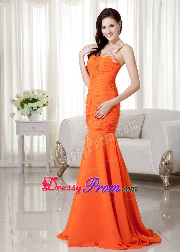 One Shoulder Orange Mermaid Chiffon Appliques and Ruche Prom Dress