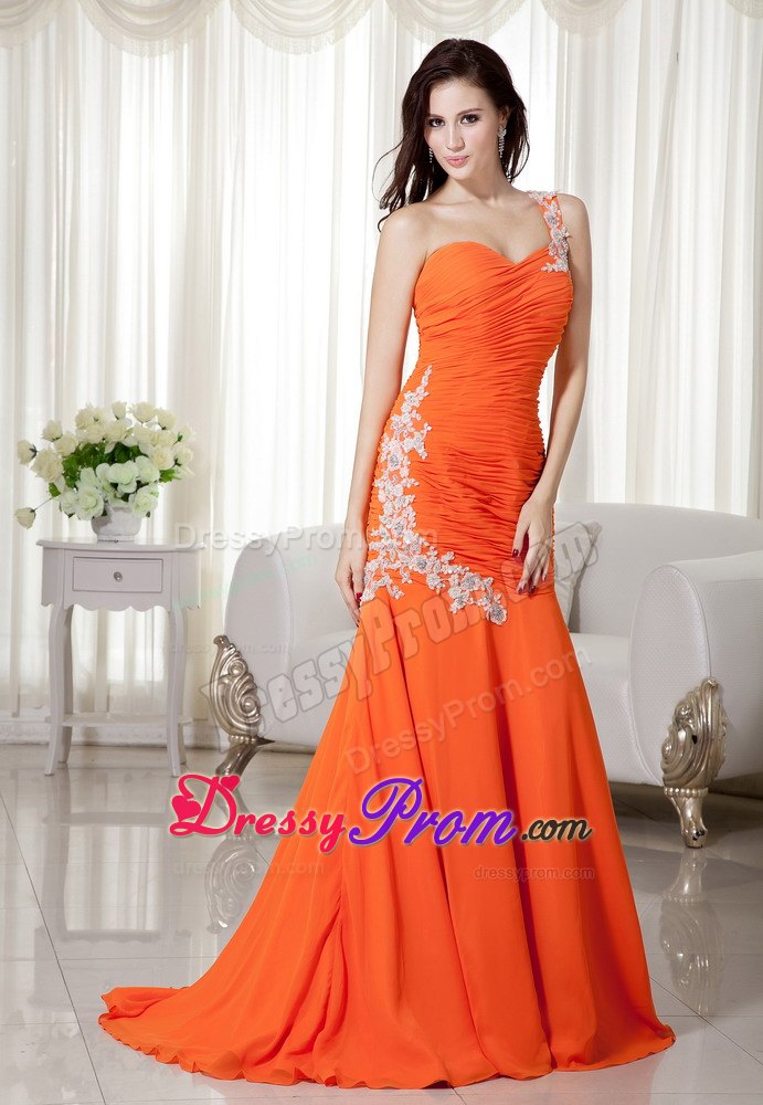 One Shoulder Orange Mermaid Chiffon Appliques and Ruche Prom Dress