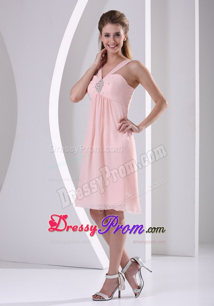Straps Baby Pink Short Chiffon Prom Evening Dress with V-neck and Beading