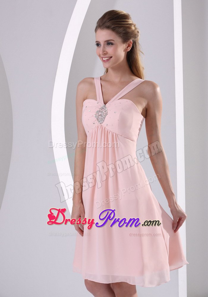 Straps Baby Pink Short Chiffon Prom Evening Dress with V-neck and Beading