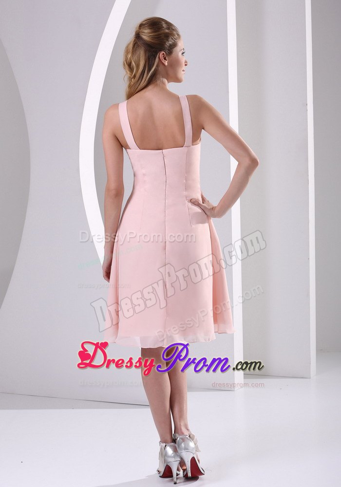 Straps Baby Pink Short Chiffon Prom Evening Dress with V-neck and Beading