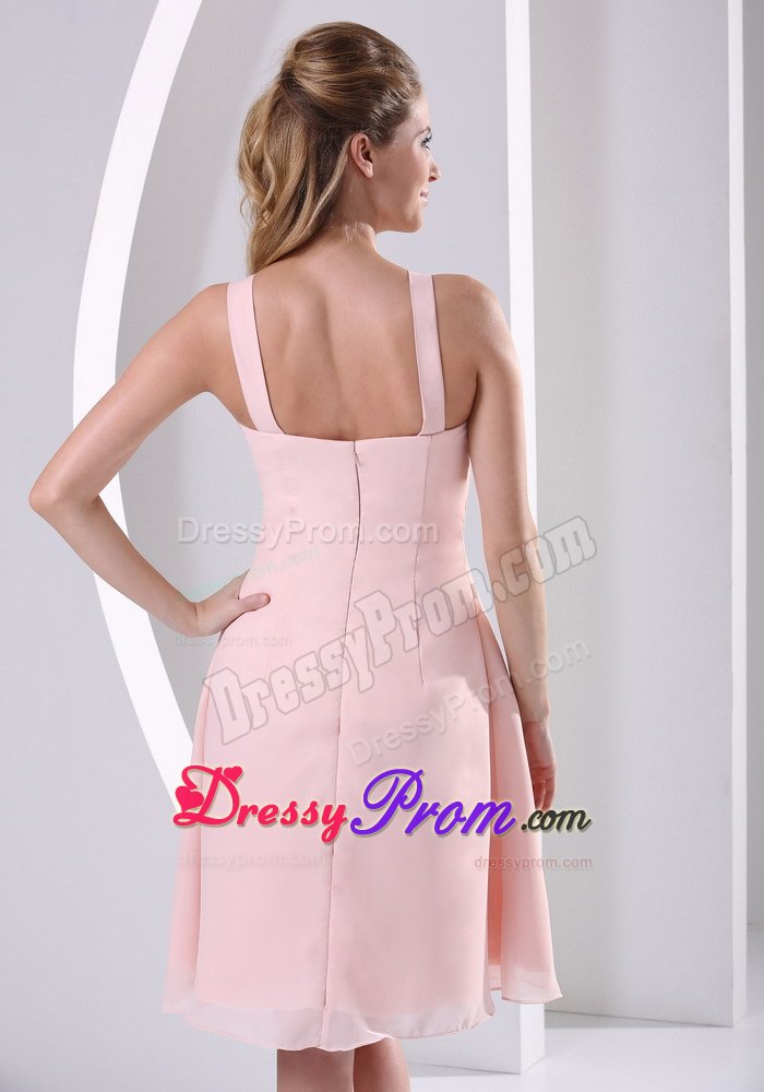 Straps Baby Pink Short Chiffon Prom Evening Dress with V-neck and Beading