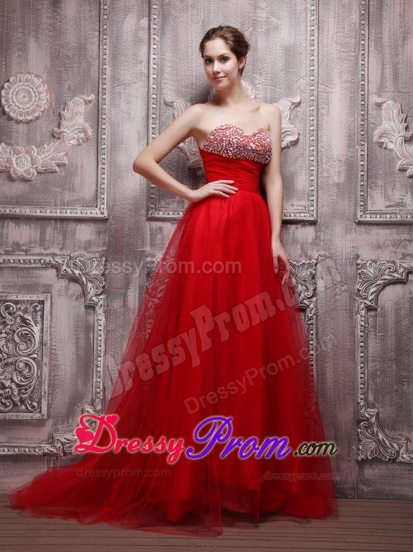 Amazing Red A-Line Sweetheart Brush Train Beading Prom Dress