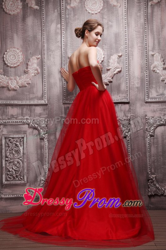 Amazing Red A-Line Sweetheart Brush Train Beading Prom Dress