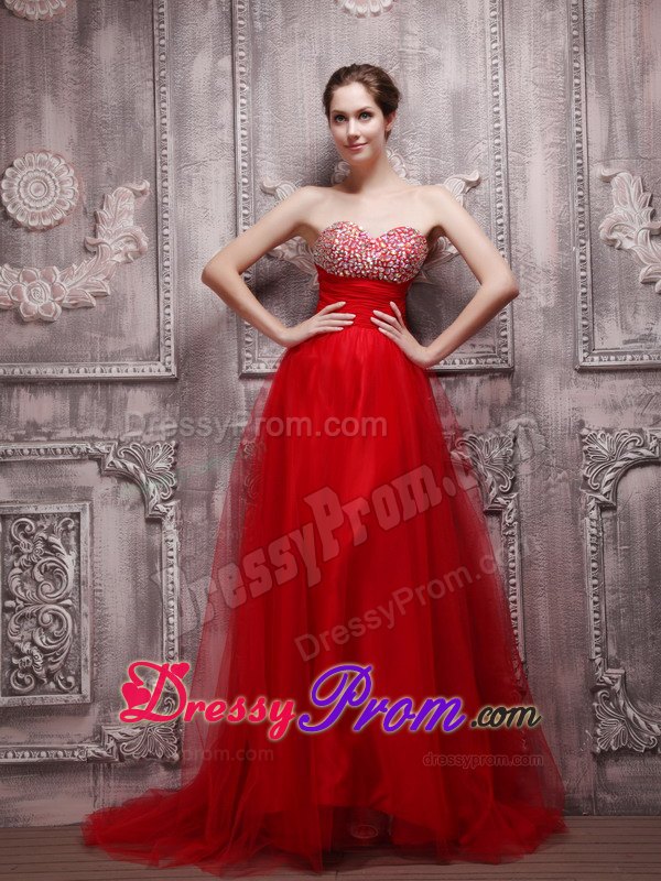 Amazing Red A-Line Sweetheart Brush Train Beading Prom Dress