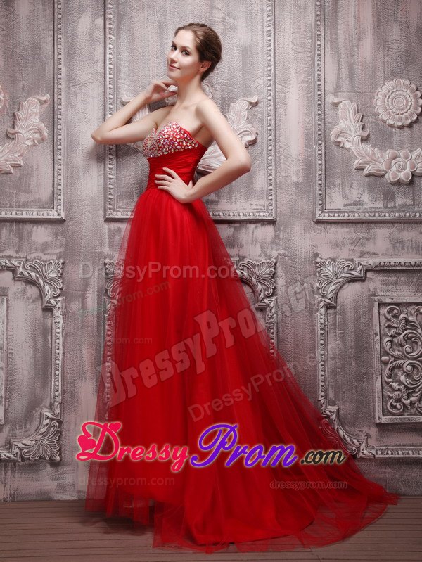 Amazing Red A-Line Sweetheart Brush Train Beading Prom Dress