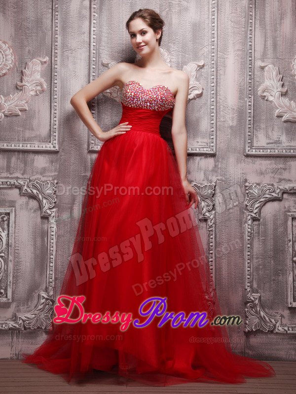 Amazing Red A-Line Sweetheart Brush Train Beading Prom Dress