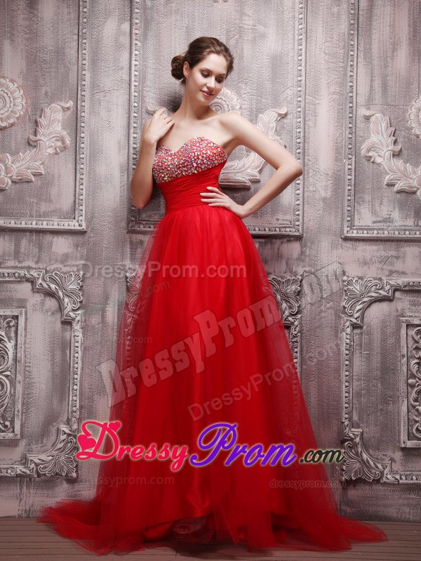 Amazing Red A-Line Sweetheart Brush Train Beading Prom Dress